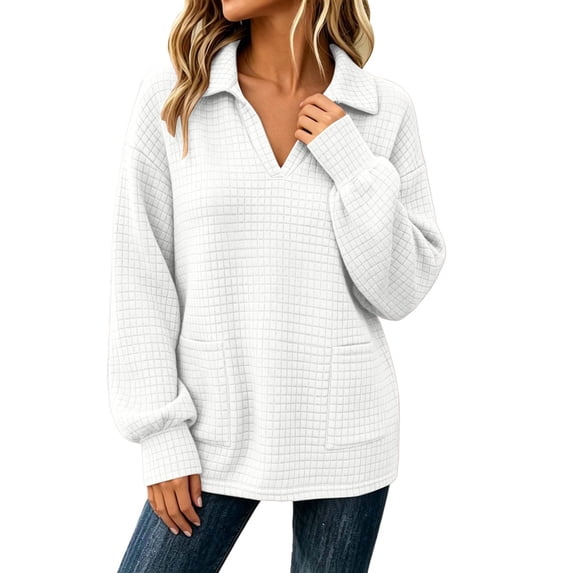 Women’s Waffle Collar Sweatshirt, Oversized Pullover Long Sleeve Sweatshirt, Fall Fashion Sport Casual Tops with Pockets