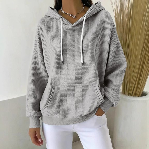 Women's Waffle Hooded Sweatshirt, Casual Solid Color Pullover, Soft Stretchable Hoodie, Loose Fit Long Sleeve Top, Everyday Comfort Wear, Street Style Lounge Hoodie Grey S