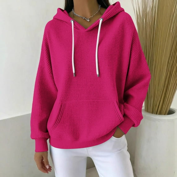 Women's Waffle Hooded Sweatshirt, Casual Solid Color Pullover, Soft Stretchable Hoodie, Loose Fit Long Sleeve Top, Everyday Comfort Wear, Street Style Lounge Hoodie Hot Pink S