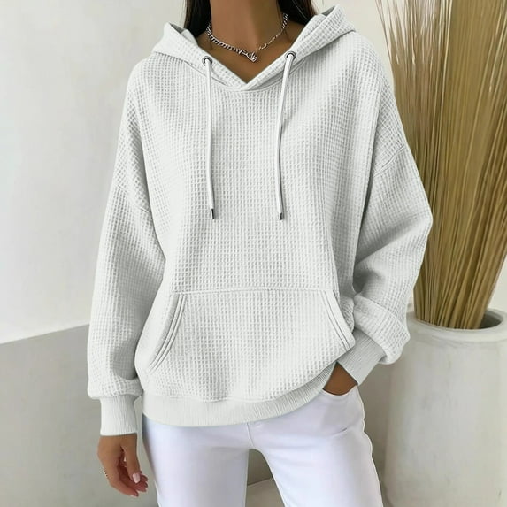 Women's Waffle Hooded Sweatshirt, Casual Solid Color Pullover, Soft Stretchable Hoodie, Loose Fit Long Sleeve Top, Everyday Comfort Wear, Street Style Lounge Hoodie White XXXL