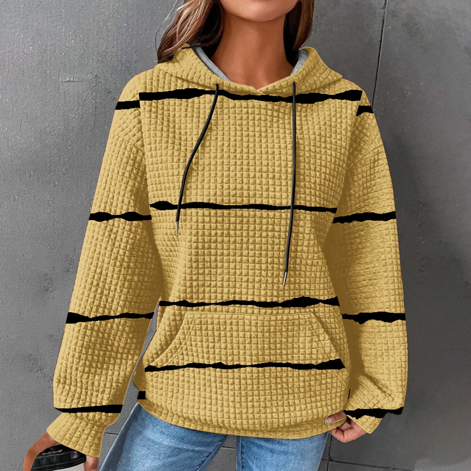 Women's Waffle Knit Hoodie Cardigan, Long Sleeve Drawstring