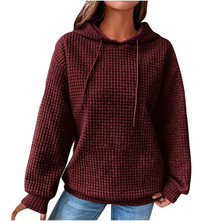 Women's Waffle Knit Hoodies Sweatshirt Solid Color Casual Long Sleeve  Drawstring Hooded Pullover Tops with Pocket