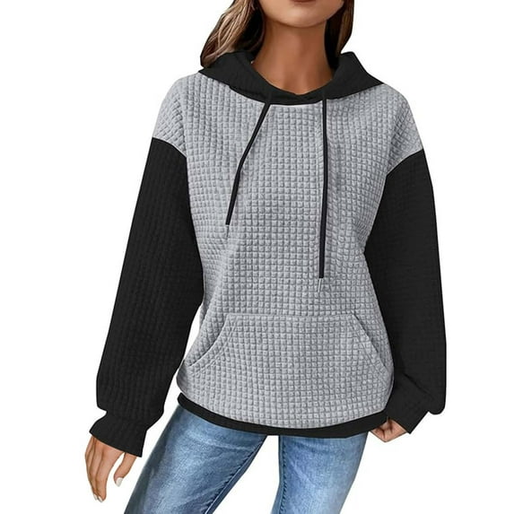 Women's Waffle Hoodies Drawstring Color Block Long Sleeve Pullover Tops Casual Loose Sports Sweatshirts With Pockets (L, Gray)