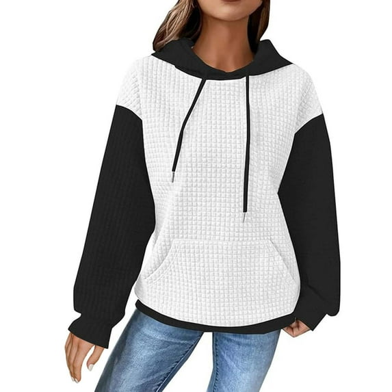 Women's Waffle Hoodies Drawstring Color Block Long Sleeve Pullover Tops Casual Loose Sports Sweatshirts With Pockets (XL, White)