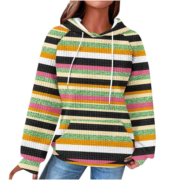 Women's Waffle Hoodies Fashion Color Block Stripes Sweatshirts Drawstring Raglan Hooded Sweaters Fall Winter Long Sleeve Hoody Jacket Outwears Tops with Pocket