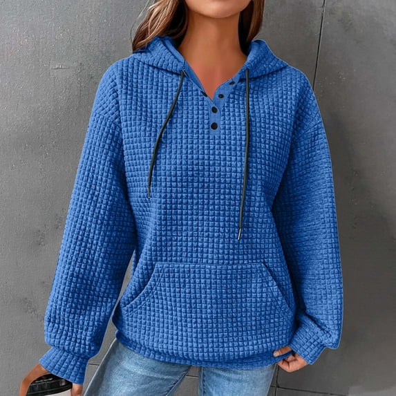 Women's Waffle Hoodies,Hoodies for Women Solid Color Waffle Casual Crewneck Sweatshirts Drawstring Pullover Hoodie with Pockets Fall Fashion 2024