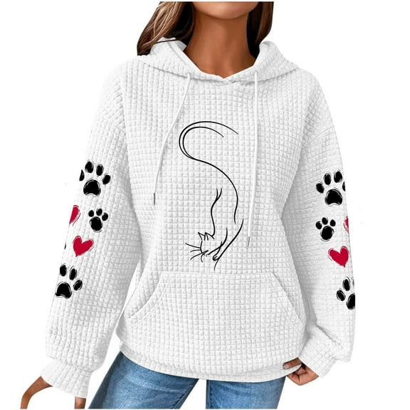 Women's Waffle Hoodies Sweatshirt Valentines Cute Heart Cat Paw Graphic Pullover Long Sleeve Hooded