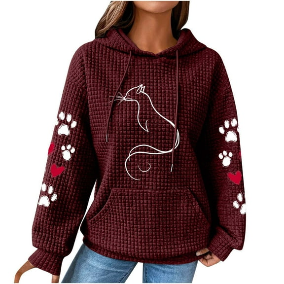 Women's Waffle Hoodies Sweatshirt Valentines Cute Heart Cat Paw Graphic Pullover Long Sleeve Hooded