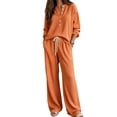 thumbnail image 1 of Women's Waffle Knit 2 Piece Tracksuit Outfit Henley Long Sleeve Top and Drawstring Wide Leg Pants Soft Comfy Loungewear Casual Travel Vacation Streetwear Set Orange, 1 of 5