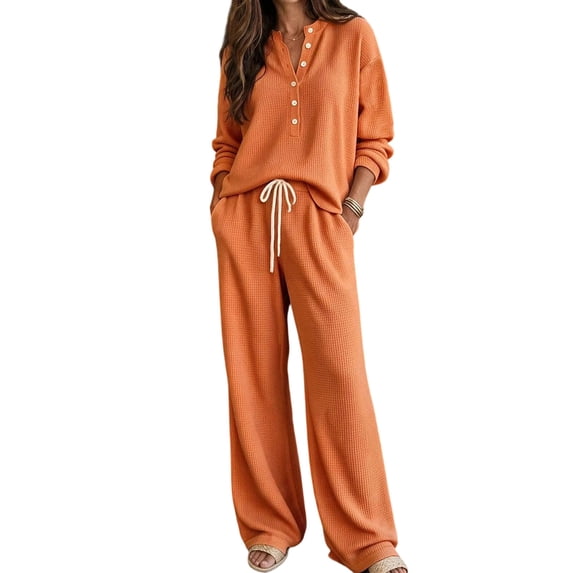 Women's Waffle Knit 2 Piece Tracksuit Outfit Henley Long Sleeve Top and Drawstring Wide Leg Pants Soft Comfy Loungewear Casual Travel Vacation Streetwear Set Orange