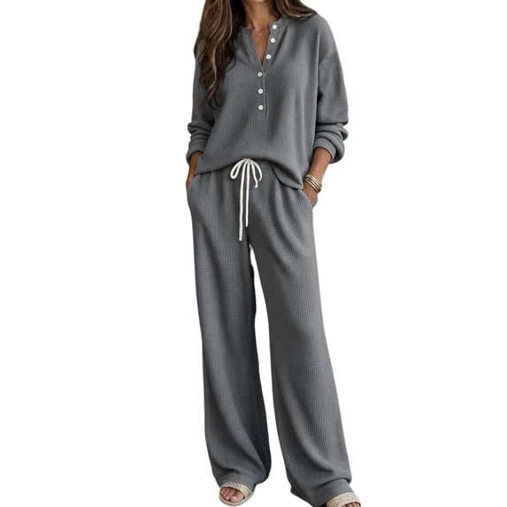 Women's Waffle Knit 2 Piece Tracksuit Outfit Henley Long Sleeve Top and Drawstring Wide Leg Pants Soft Comfy Loungewear Casual Travel Vacation Streetwear Set Gray