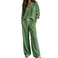 thumbnail image 1 of Women's Waffle Knit 2 Piece Tracksuit Outfit Henley Long Sleeve Top and Drawstring Wide Leg Pants Soft Comfy Loungewear Casual Travel Vacation Streetwear Set Green, 1 of 5