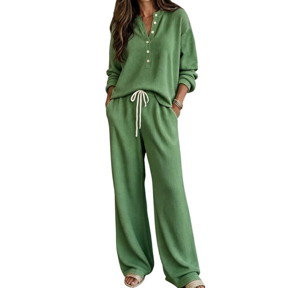 Women's Waffle Knit 2 Piece Tracksuit Outfit Henley Long Sleeve Top and Drawstring Wide Leg Pants Soft Comfy Loungewear Casual Travel Vacation Streetwear Set Green