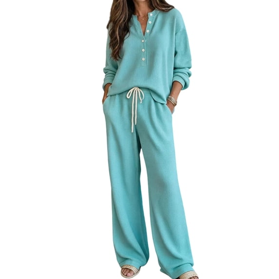 Women's Waffle Knit 2 Piece Tracksuit Outfit Henley Long Sleeve Top and Drawstring Wide Leg Pants Soft Comfy Loungewear Casual Travel Vacation Streetwear Set Blue