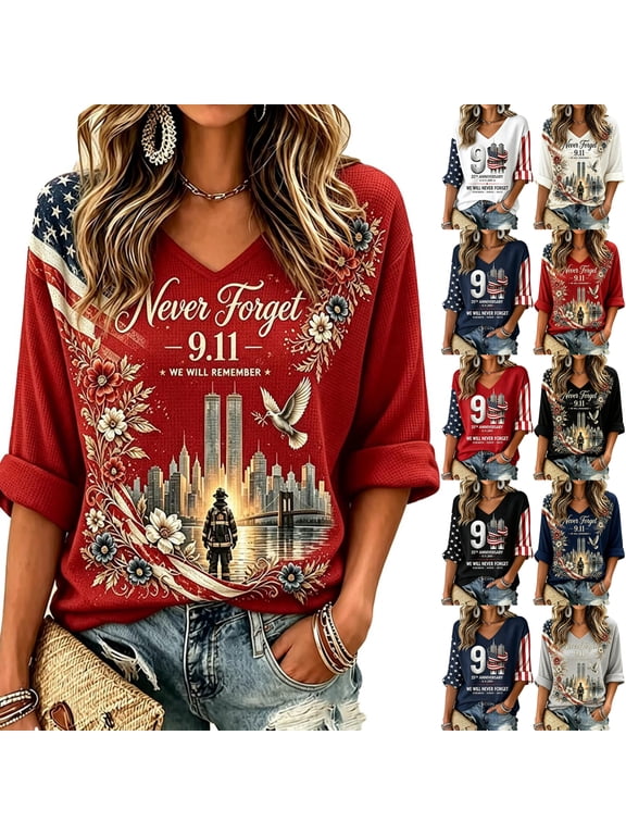 Women's Waffle Knit 9/11 Memorial Never Forget American Flag V Neck 3/4 Sleeve Tshirt Faith Hope Courage Tee