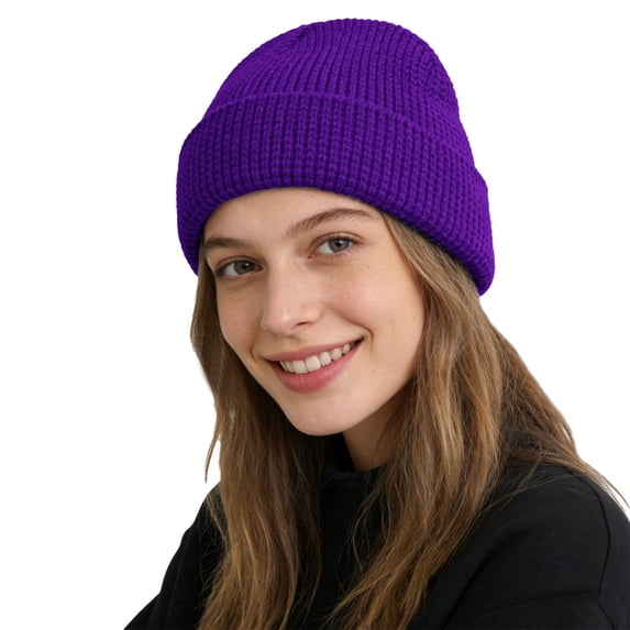 Women's Waffle Knit Beanie, Solid Color Rolled Brim Slouchy Hat, Thickened Winter Warm Cuffed Hat for Outdoor, Casual Daily Wear and Gift Purple
