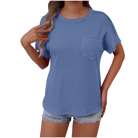 Women's Waffle Knit Blouse New Summer Short Sleeve Round Neck Top with Pocket Solid Color Casual Comfortable Everyday Top
