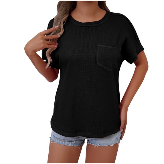 Women's Waffle Knit Blouse New Summer Short Sleeve Round Neck Top with Pocket Solid Color Casual Comfortable Everyday Top