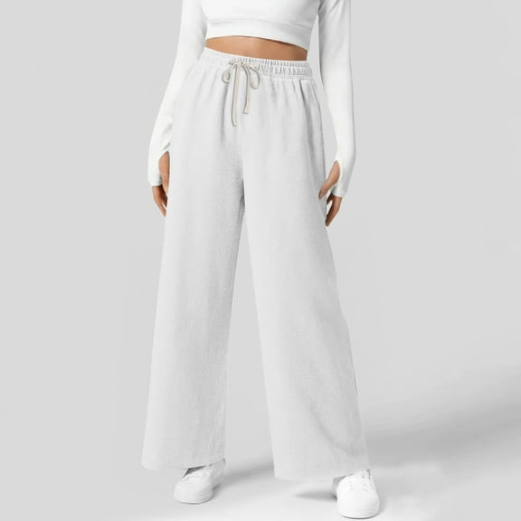 Women's Waffle Knit Casual Pants Relaxed Fit Elastic Waist Drawstring Daily Wear, White, S