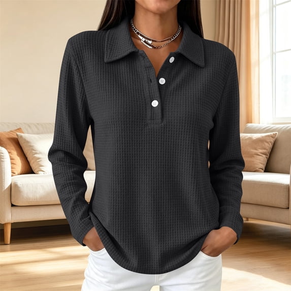 Women's Waffle Knit Collared Top Combines Long Sleeve Design and Button ...