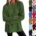 thumbnail image 1 of Women's Waffle Knit Crew Neck Long Sleeve Pullover Tops, Scalloped Hem & Scallop Cuffs Design, Loose Fit Casual Sweatshirt, Solid Color Fall Tunic Shirts for Women Army Green L, 1 of 5