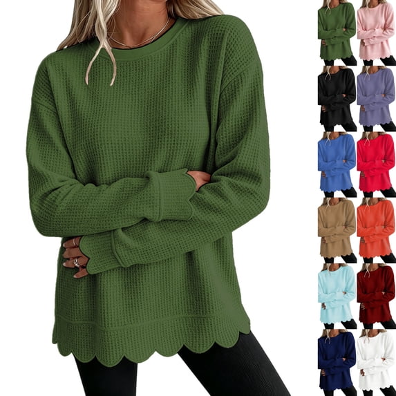 Women's Waffle Knit Crew Neck Long Sleeve Pullover Tops, Scalloped Hem & Scallop Cuffs Design, Loose Fit Casual Sweatshirt, Solid Color Fall Tunic Shirts for Women Army Green L