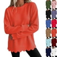 thumbnail image 1 of Women's Waffle Knit Crew Neck Long Sleeve Pullover Tops, Scalloped Hem & Scallop Cuffs Design, Loose Fit Casual Sweatshirt, Solid Color Fall Tunic Shirts for Women Saffron M, 1 of 5