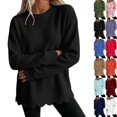 thumbnail image 1 of Women's Waffle Knit Crew Neck Long Sleeve Pullover Tops, Scalloped Hem & Scallop Cuffs Design, Loose Fit Casual Sweatshirt, Solid Color Fall Tunic Shirts for Women Black 3XL, 1 of 5