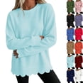 thumbnail image 1 of Women's Waffle Knit Crew Neck Long Sleeve Pullover Tops, Scalloped Hem & Scallop Cuffs Design, Loose Fit Casual Sweatshirt, Solid Color Fall Tunic Shirts for Women Light Blue L, 1 of 5