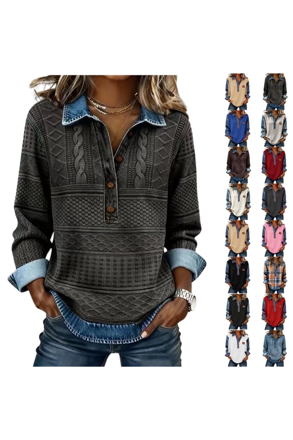 Women's Waffle Knit Denim Trim Collared Pullover Vintage Half Button Long Sleeve Casual Jean Tops, #02 Camel, L