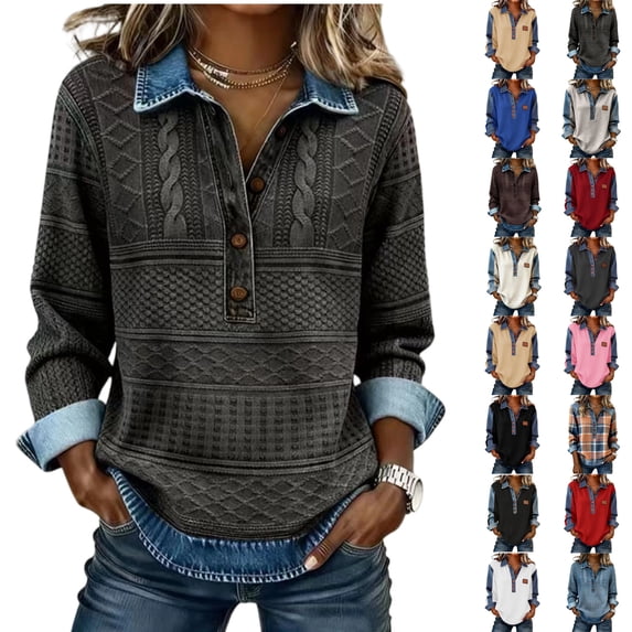 Women's Waffle Knit Denim Trim Collared Pullover Vintage Half Button Long Sleeve Casual Jean Tops, #02 Camel, S