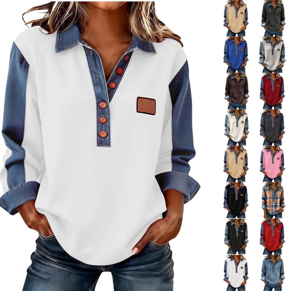 Women's Waffle Knit Denim Trim Collared Pullover Vintage Half Button Long Sleeve Casual Jean Tops, #02 Light Brown, M
