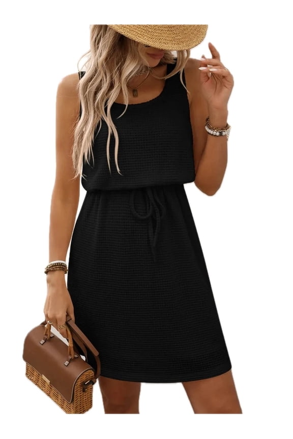 Women's Waffle Knit Drawstring Mini Tank Dress with Lined Body and Stretchy Soft fabric 65% Viscose 35% Polyester