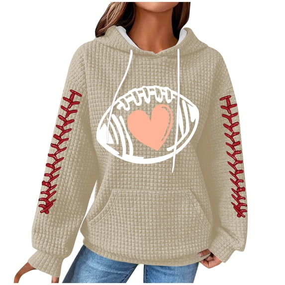 Women's Waffle Knit Football Hoodie – Y2K Long Sleeve All-Over Print Hooded Pullover with Pocket, Casual Game Day Top for Fall & Tailgate Outfits