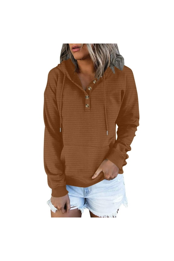 Women's Waffle Knit Frog Print Button Collar Drawstring Hoodie, Long Sleeve Oversized Pullover with Pocket, Casual Loose Fit Sweatshirt for Daily Wear, Street Fashion and All Season Comfort Brown S