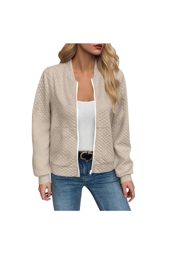 Women's Waffle Knit Full Zip Jacket 2025, Textured Lightweight Long Sleeve Casual Outerwear with Soft Comfort Fabric for Spring Autumn Winter Season, Daily Wear and Street Fashion Khaki M