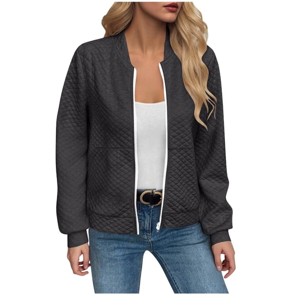 Women's Waffle Knit Full Zip Jacket 2025, Textured Lightweight Long Sleeve Casual Outerwear with Soft Comfort Fabric for Spring Autumn Winter Season, Daily Wear and Street Fashion Dark Gray L