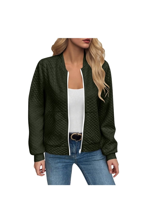 Women's Waffle Knit Full Zip Jacket 2025, Textured Lightweight Long Sleeve Casual Outerwear with Soft Comfort Fabric for Spring Autumn Winter Season, Daily Wear and Street Fashion Blackish Green L