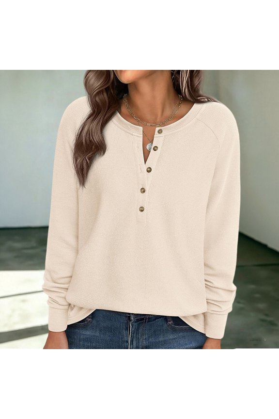 Women's Waffle Knit Half Button Long Sleeve Top, Crewneck Casual Pullover with Adjustable Front Placket, Lightweight Textured Blouse for Spring Fall Layering Daily Wear Beige L