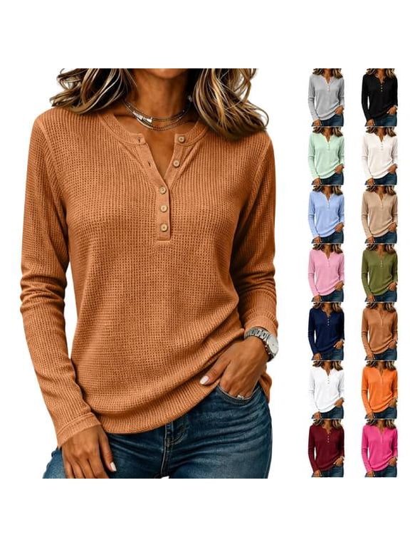 Women's Waffle Knit Henley Top Long Sleeve Shirts 2026 Fall Soft Lightweight Relaxed Button Up V Neck Dressy Casual Blouses