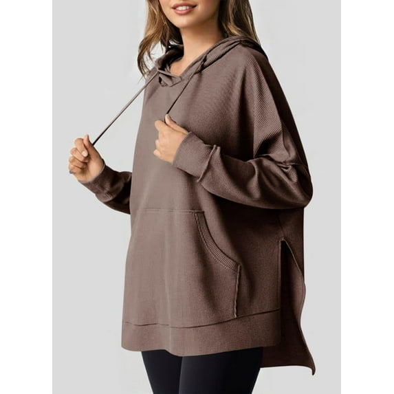 Women's Waffle Knit Hooded Pullover with Side Slits Casual Drop Shoulder Long Sleeve Sweatshirt Ribbed Cuff Sporty Top with Front Pockets and Relaxed Fit Streetwear Top