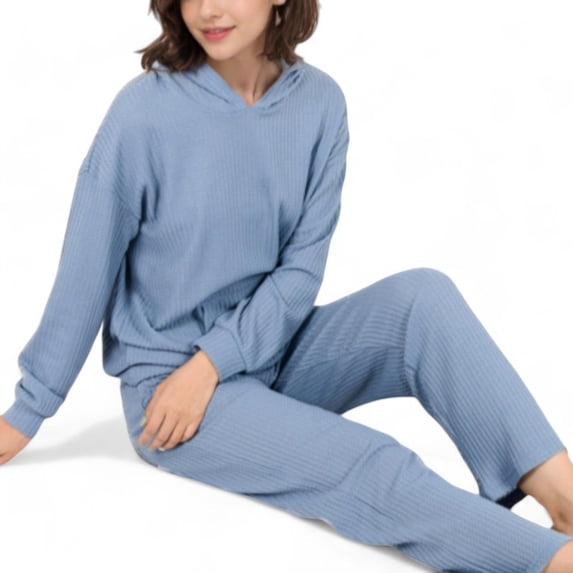 Women's Waffle Knit Hoodie Lounge Set with Front Pocket and Relaxed Fit Pants - Medium, Blue