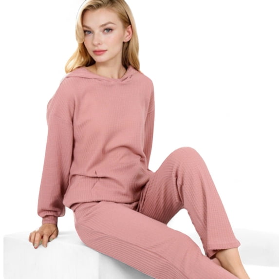 Women's Waffle Knit Hoodie Lounge Set with Front Pocket and Relaxed Fit Pants - X Large, Mauve Pink