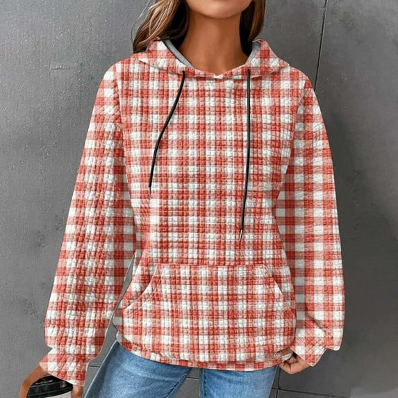 Women's Waffle Knit Hoodie,Womens 2023 Plaid Print Waffle Weave Hoodie Winter Fall Pocket Long Sleeves Sweatershirt,Women's Waffle Hoodies for Women Plaid