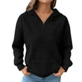 thumbnail image 1 of Women's Waffle Knit Lapel Collar Half Zip Pocket Sweatshirt, Solid Color Long Sleeve Pullover Top with Soft Comfort Fabric for Casual Daily Wear, Street Fashion and Versatile Outfits Black L, 1 of 7