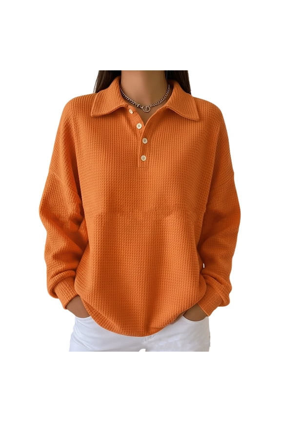 Women's Waffle Knit Long Sleeve Button Down Collared Polo Shirt Casual Loose Fit Tops for Spring Saffron S