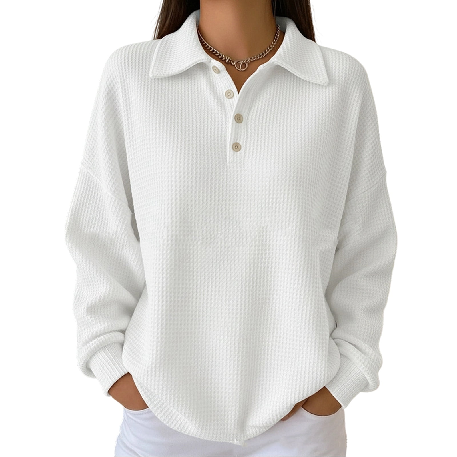 Women's Waffle Knit Long Sleeve Button Down Collared Polo Shirt Casual ...