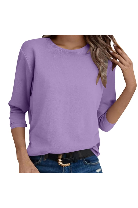 Women’s Waffle Knit Long Sleeve Crewneck Tunic Top Solid Color Loose Fit Lightweight Casual Fall Winter Warm Pullover Basic Fashion Shirt,Purple,S