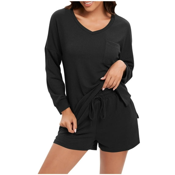Women’s Waffle Knit Long Sleeve Pajama Set – Elastic Waist Shorts with Pockets (2025 Year-Round Loungewear)
