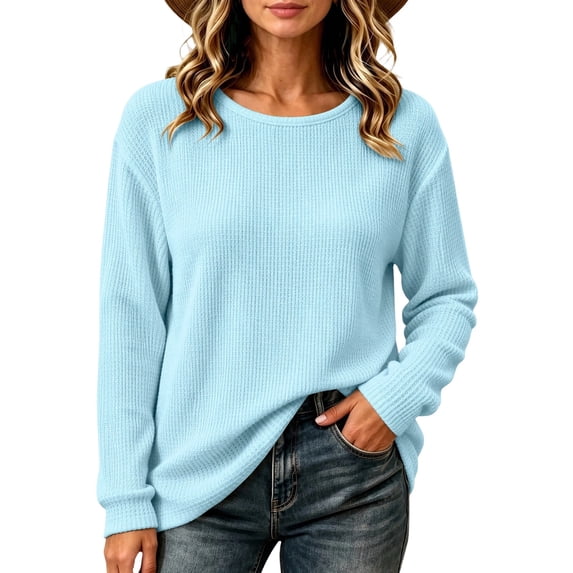 Women’s Waffle Knit Long Sleeve Shirts Crew Neck Pullover Sweater Tops Casual Loose Fit Lightweight Knit Tops for Fall Winter Spring